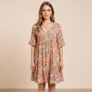 Floral Babydoll Mini Dress, Boho Tiered Summer Dress, V-Neck Flutter Sleeve Sundress, Cottagecore Floral Print Outfit, Short Flowy Dress