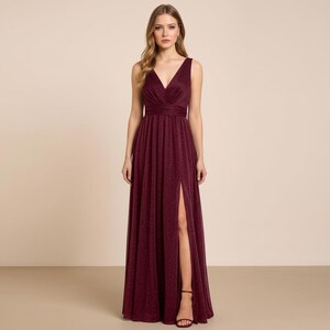 burgundy split leg dress Lila | Burgundy Faux Leather Plunge-Neck Maxi Dress With Split