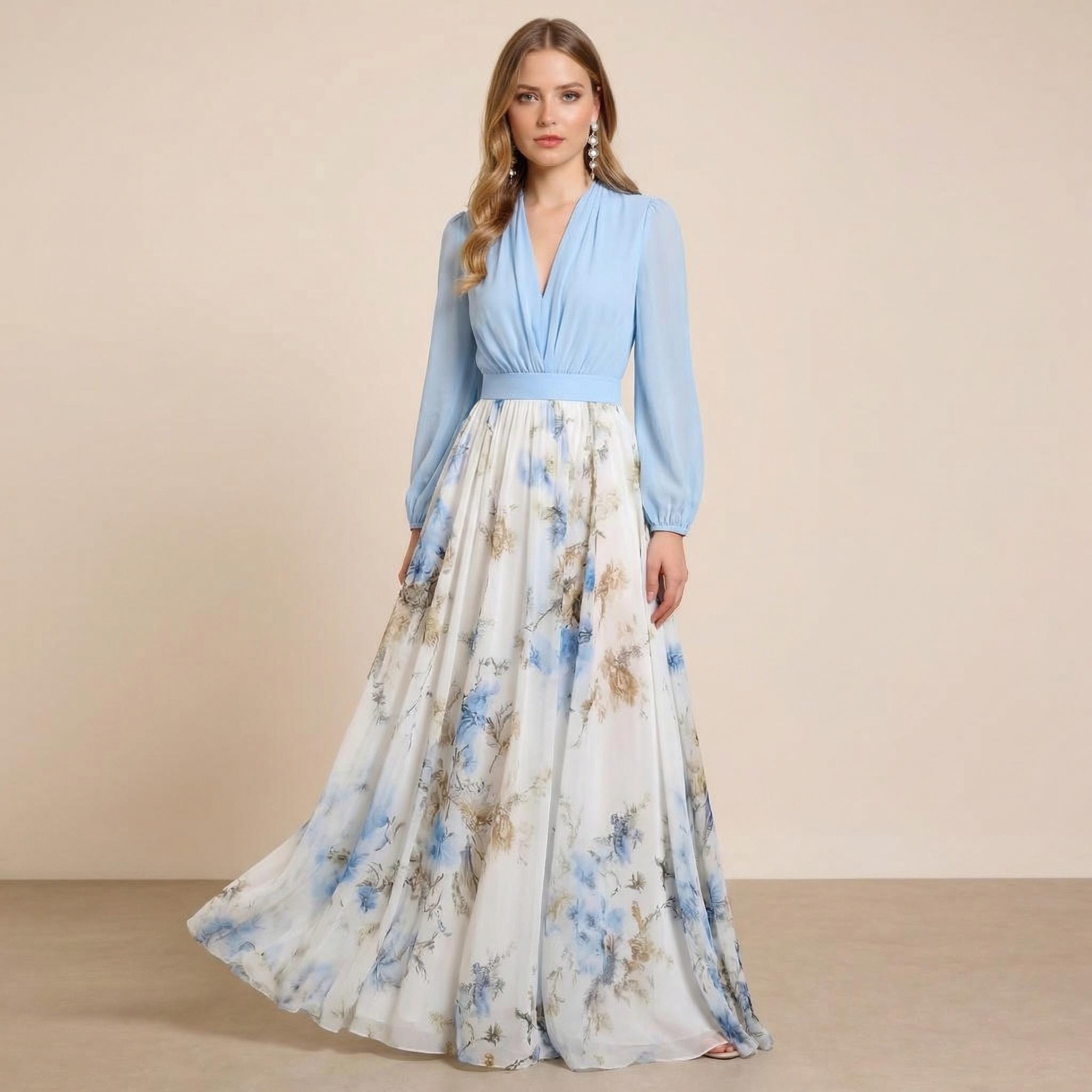 open lace back dress PRETTYGARDEN Women's Fall Wedding Guest Dresses Long Sleeve V Neck Flo main image 0