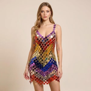 Rainbow Formal Dress Sexy Ladies Handmade Patchwork Rainbow Chainmail Mini Dresses  Women Sequin Dress
