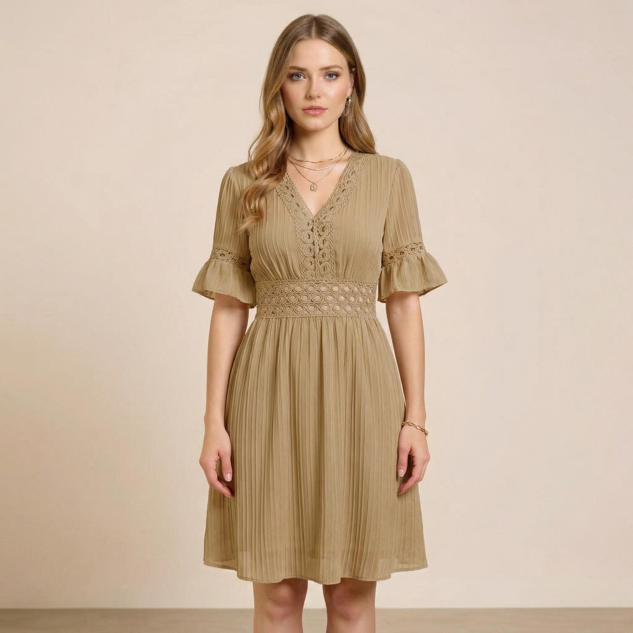 chinese dress ladies Peterpan collar Lace sleeves Pencil Peplum Khaki Lace Dress  MJcostume