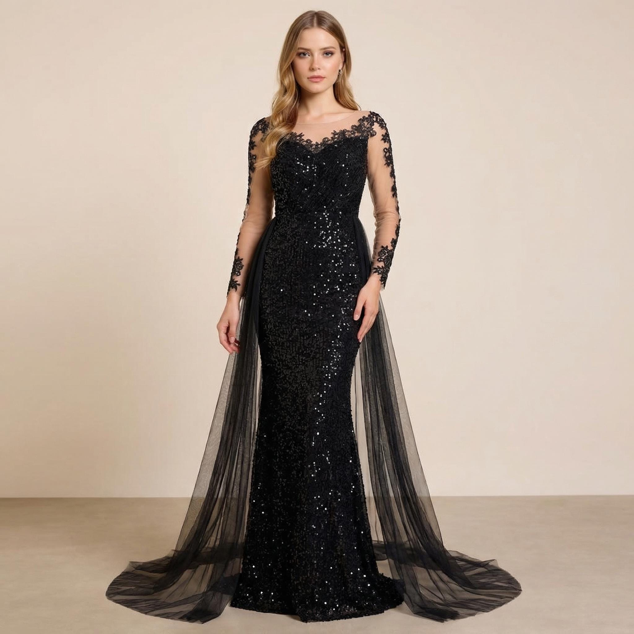 chinese dress ladies Sequined, long, sheer black, short sleeved dress. – VIKTORYA ABRAHAM main image 0
