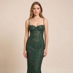 slim fit dress slacks Lady Black Tie - Khaleesi Dress - Emerald Green - Lace Dress with Fringe main image 0