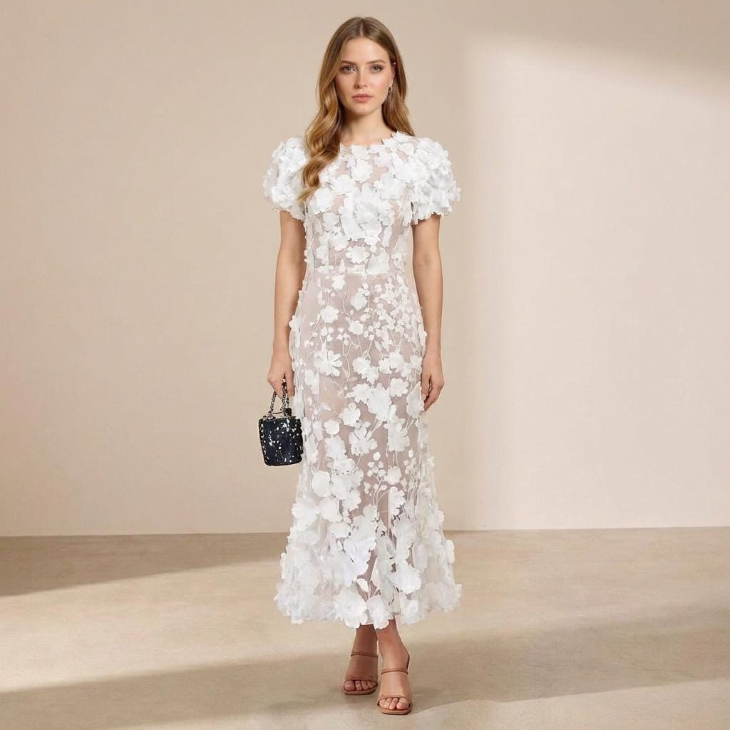 knee length dresses for ladies BREEZE JACQUARD FLOWER APPLIQUE MIDI DRESS – PatBO main image 0
