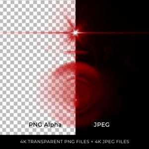 Puede incluir: Imagen dividida: a la izquierda, un fondo PNG Alpha transparente; a la derecha, una imagen JPEG con un degradado rojo y negro y un efecto de luz roja brillante. El texto inferior dice "4K TRANSPARENT PNG FILES + 4K JPEG FILES."