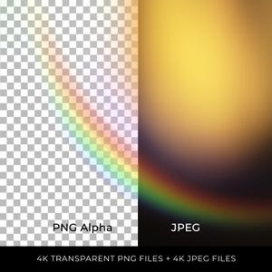 Op de afbeelding: Afbeelding met twee bestandstypen: PNG Alpha en JPEG. De PNG-kant heeft een regenboogboog tegen een transparante, geblokte achtergrond. De JPEG-kant toont een vage gradiënt van gele, oranje en paarse tinten. Tekst onderaan luidt: 4K TRANSPARENT PNG FILES + 4K JPEG FILES.