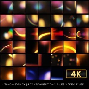 May include: A collection of 36 abstract digital art squares, each with unique light effects. The squares display gradients of orange, yellow, pink, and blue, with lens flares and light streaks. A gold "4K" logo is in the bottom right corner.
