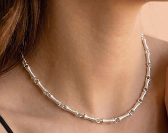 Bamboo Chain Necklace, Nature Inspired Link Pendant, Dainty Minimalist Jewelry for Her, Organic Zen Aesthetic, Gold Silver Rose Gold Plated