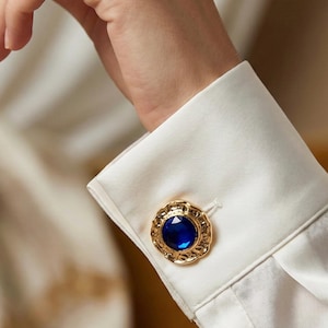 Copribottoni in zaffiro blu reale, gemelli in stile vintage dorato, accessori per camicie barocchi, eleganti alternative ai gemelli, regalo per lei