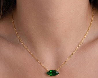 Green Emerald Marquise Necklace, East West Setting Pendant, May Birthstone Gift for Her, Minimalist Dainty Jewelry, Gold Green Stone Charm