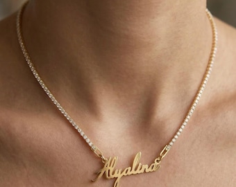 Personalized Name Necklace with Tennis Chain, Custom Cursive Nameplate, Sparkling Tennis Jewelry, Dainty Name Gift for Her, Gold Silver Rose