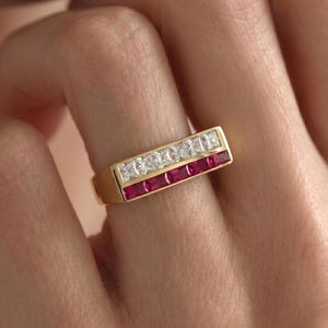 Ruby CZ Ring, 925 Silver Rectangle Bar, Princess Baguette Channel Ring, Adjustable Signet Ring for Women, Red Stone Gift for Her