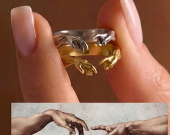 Creation of Adam Hand Ring, Michelangelo Hand of God Jewelry, Renaissance Art Gold Silver Mixed Metal Bands, Minimalist Gift for Art Lovers