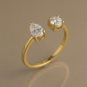 Toi et Moi justerbar ring, 14K guldpläterad öppen ring, päron- och rundslipad kubisk zirkonia, minimalistisk, elegant ring, du och jag-present till henne