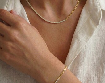 Half Tennis Half Paperclip Jewelry Set, Necklace and Bracelet Set, 14K Gold Plated, Hybrid Chain Gift for Her, Dainty Sparkly Bridal Set