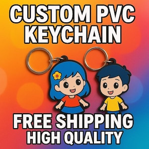 May include: Two custom PVC keychains with cartoon characters in blue and yellow shirts, and blue hair. The keychains have silver key rings and the text "CUSTOM PVC KEYCHAIN" and "HIGH QUALITY".