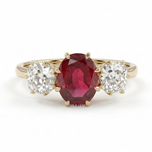 1920s Art Deco Oval Cut Red Gemtone Three Stone Ring | Side Old Mine Cushion Diamond Ring | Claw Prong Set Ring | CVD Diamond Trilogy Ring