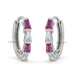 1940s Mid Century Red Ruby Tapered Baguette Cut Gemstone Earrings | Bar Setting Lab Diamond Hoop Earrings | 14K Solid Gold Bridal Earrings