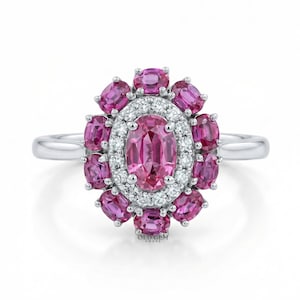 1910s Edwardian Art Deco Red Ruby Gemstone Engagement Ring | Red Oval & Round Cut Lab Diamond Double Halo Ring | Floral Style Wedding Ring