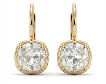 Örhängen med kuddslipade diamanter från mitten av århundradet från 1940-talet | Dinglaörhängen med solitaire CVD-diamant | Örhängen i 18 karat massivt guld med hävarmslås