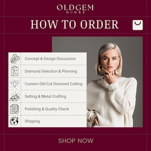 May include: Image featuring a woman in a white sweater, with text that reads "HOW TO ORDER." The steps include "Concept & Design Discussion," "Diamond Selection & Planning," "Custom Old-Cut Diamond Cutting," "Setting & Metal Crafting," and "Polishing & Quality Check."