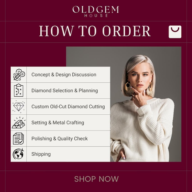 May include: Image featuring a woman in a white sweater, with text that reads "HOW TO ORDER." The steps include "Concept & Design Discussion," "Diamond Selection & Planning," "Custom Old-Cut Diamond Cutting," "Setting & Metal Crafting," and "Polishing & Quality Check."