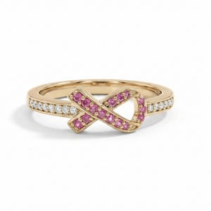 2000s Modern Round Cut Pink Gemstone Ribbon Hope Ring | CVD Diamond Support Good Luck Ring | Lab Diamond Cancer Awareness Ribbon Ring
