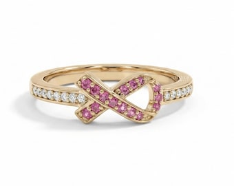 2000s Modern Round Cut Pink Gemstone Ribbon Hope Ring | CVD Diamond Support Good Luck Ring | Lab Diamond Cancer Awareness Ribbon Ring