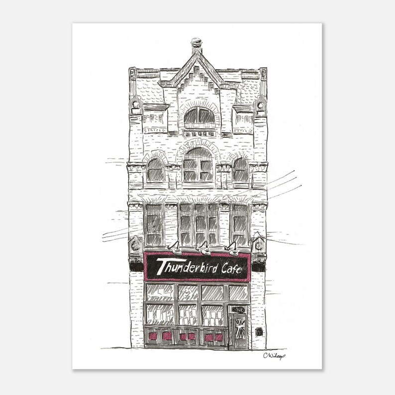 Estampe d'art représentant une salle de concert de Pittsburgh, croquis à l'encre du Thunderbird Cafe de Lawrenceville, illustration murale pour salle de concert 5x7