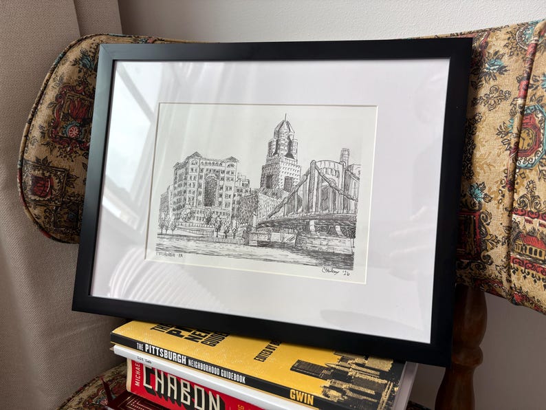 Lámina artística del horizonte de Pittsburgh, vista de la costa norte, arte mural con boceto a tinta, regalo de Pittsburgh imagen 6