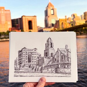 Lámina artística del horizonte de Pittsburgh, vista de la costa norte, arte mural con boceto a tinta, regalo de Pittsburgh imagen 2