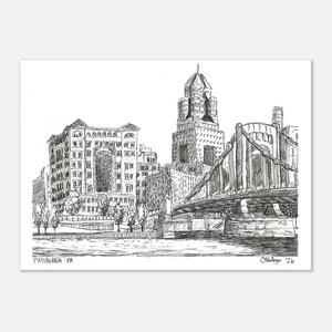 Lámina artística del horizonte de Pittsburgh, vista de la costa norte, arte mural con boceto a tinta, regalo de Pittsburgh 5x7