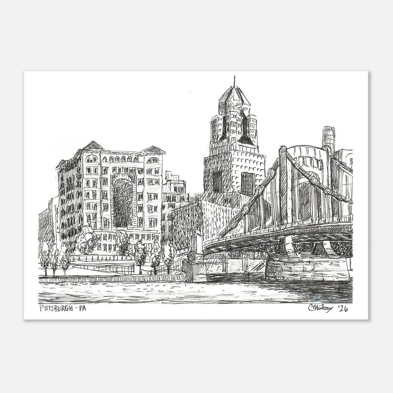 Lámina artística del horizonte de Pittsburgh, vista de la costa norte, arte mural con boceto a tinta, regalo de Pittsburgh 5x7