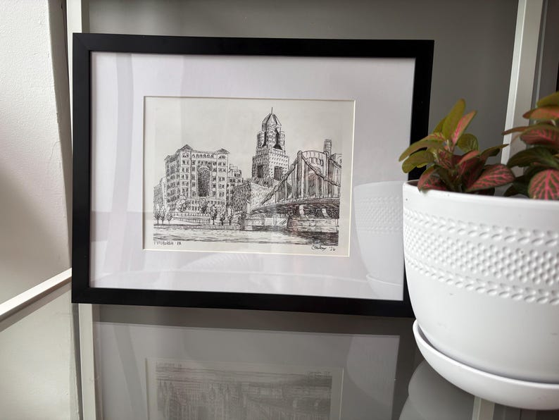 Lámina artística del horizonte de Pittsburgh, vista de la costa norte, arte mural con boceto a tinta, regalo de Pittsburgh imagen 5