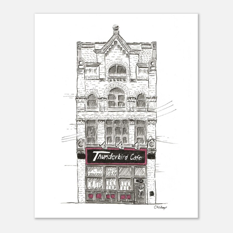 Estampe d'art représentant une salle de concert de Pittsburgh, croquis à l'encre du Thunderbird Cafe de Lawrenceville, illustration murale pour salle de concert 8x10