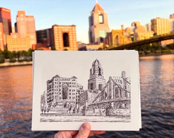 Dibujo original a tinta del horizonte de Pittsburgh, vista de la costa norte, obra de arte única enmarcada.