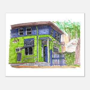 May include: Watercolor painting of a two-story building with a green and blue facade. The building has a brown roof, a blue door, and a small awning over the window. The artwork is signed in the bottom right corner.