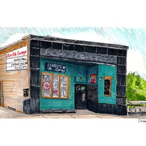 May include: Watercolour illustration of the Starlite Lounge. The building has a teal facade with a black trim and a wooden exterior. The sign reads "Starlite Lounge" and "World Famous".