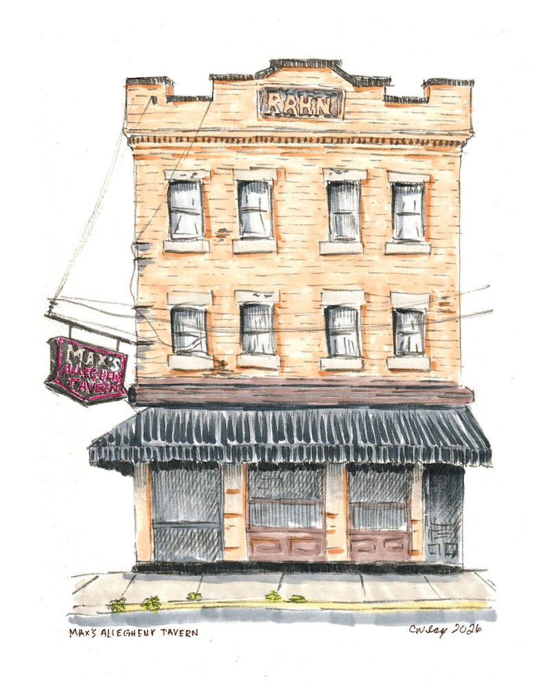 Max's Allegheny Tavern Art Print, Pittsburgh Ink Sketch, North Side German Bar Wall Art image 2