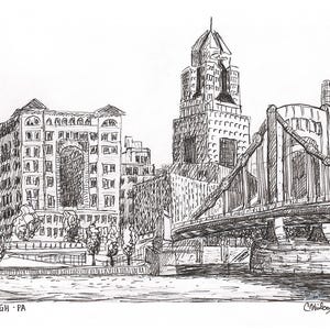 Lámina artística del horizonte de Pittsburgh, vista de la costa norte, arte mural con boceto a tinta, regalo de Pittsburgh imagen 4
