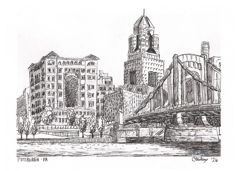 Lámina artística del horizonte de Pittsburgh, vista de la costa norte, arte mural con boceto a tinta, regalo de Pittsburgh imagen 4