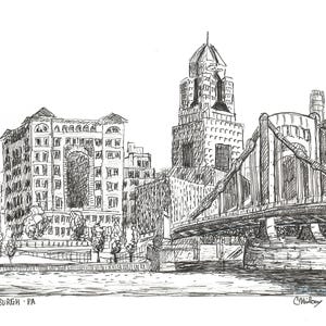 Lámina artística del horizonte de Pittsburgh, vista de la costa norte, arte mural con boceto a tinta, regalo de Pittsburgh imagen 3