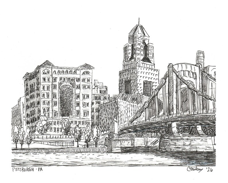 Lámina artística del horizonte de Pittsburgh, vista de la costa norte, arte mural con boceto a tinta, regalo de Pittsburgh imagen 3