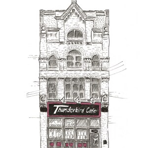 Art print of the Thunderbird Café & Music Hall, a hand-drawn ink sketch of the live music venue on Butler Street in Pittsburgh's Lawrenceville neighborhood