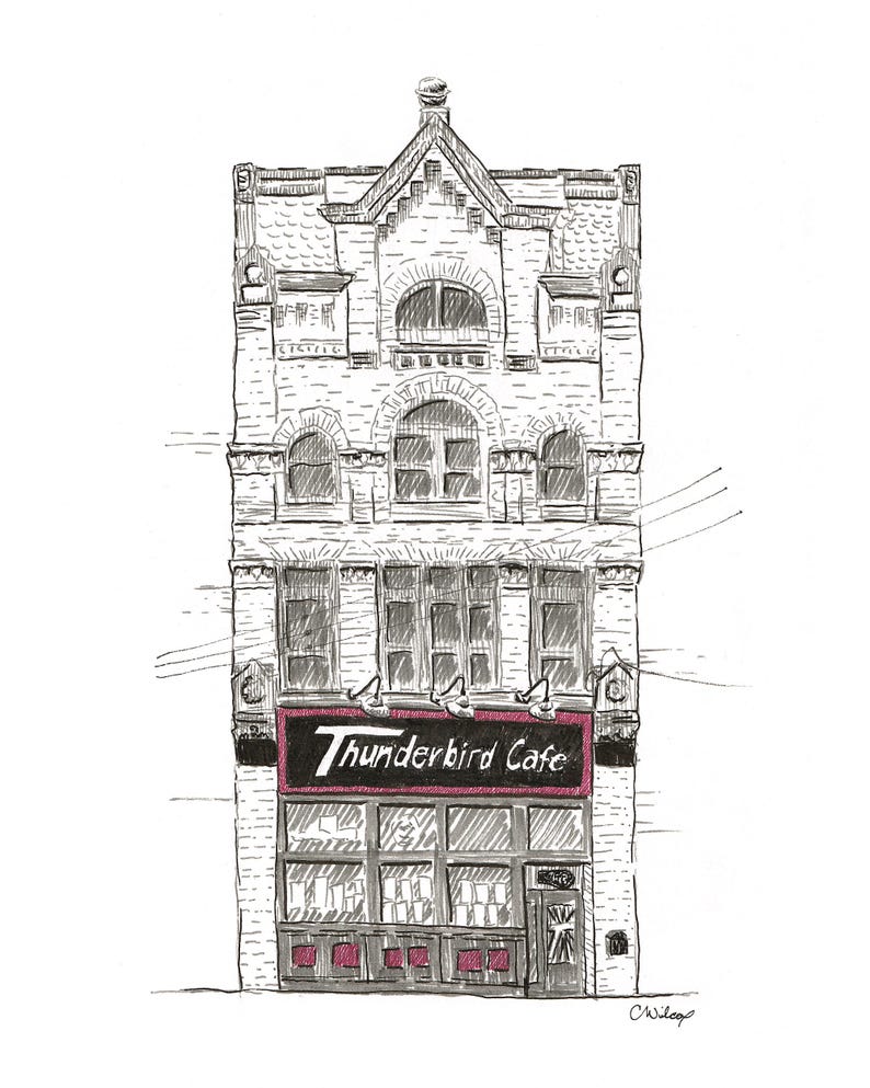 Art print of the Thunderbird Café & Music Hall, a hand-drawn ink sketch of the live music venue on Butler Street in Pittsburgh's Lawrenceville neighborhood
