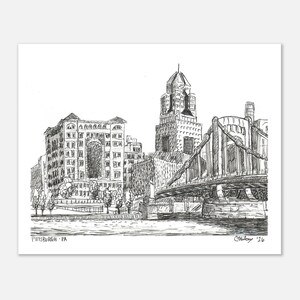 Lámina artística del horizonte de Pittsburgh, vista de la costa norte, arte mural con boceto a tinta, regalo de Pittsburgh 8x10