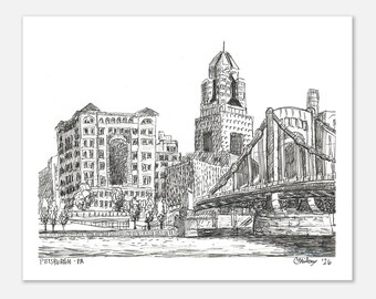 Affiche artistique représentant la skyline de Pittsburgh, vue sur la rive nord, croquis à l'encre, cadeau idéal à Pittsburgh