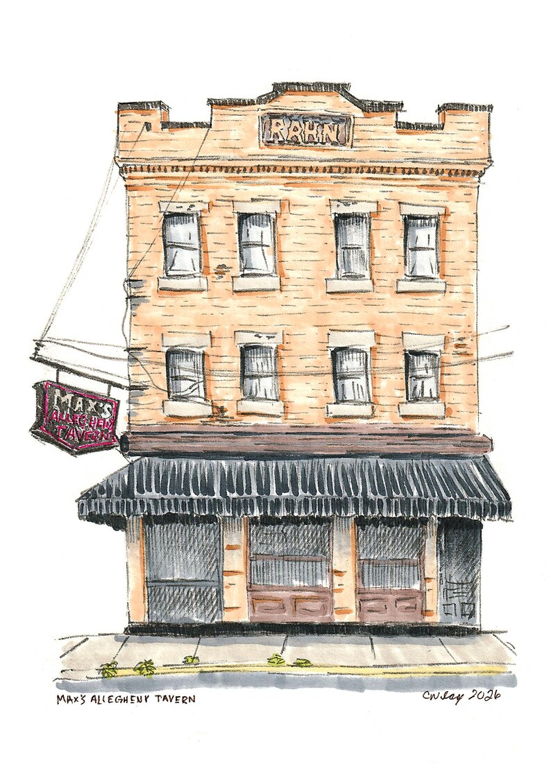Max's Allegheny Tavern Art Print, Pittsburgh Ink Sketch, North Side German Bar Wall Art image 3
