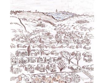 Lámina artística de casas en Highland Park – Boceto a tinta dibujado a mano, vista del barrio de Pittsburgh (8x10)