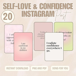 Puede incluir: Un producto digital con el texto "SELF-LOVE & CONFIDENCE INSTAGRAM Post" y el número "20". La imagen incluye tarjetas con afirmaciones como "Confío en mis habilidades" y "Irradio confianza donde quiera que voy."